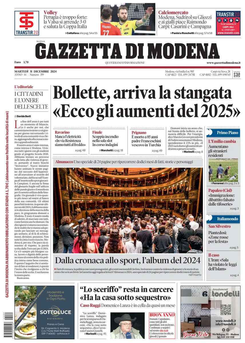 Prima-pagina-gazzetta di modena-oggi-edizione-del-2024-12-31